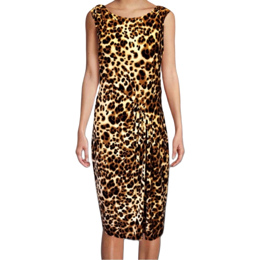 Leopard Animal Print Sleeveless Silhouette Bodycon Ruched Side Midi Dress Sz 8